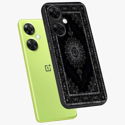 Black Persian Carpet Glass Case for 1+Nord CE 3 Lite angled mockup showcasing glossy finish and detailed ornamental design