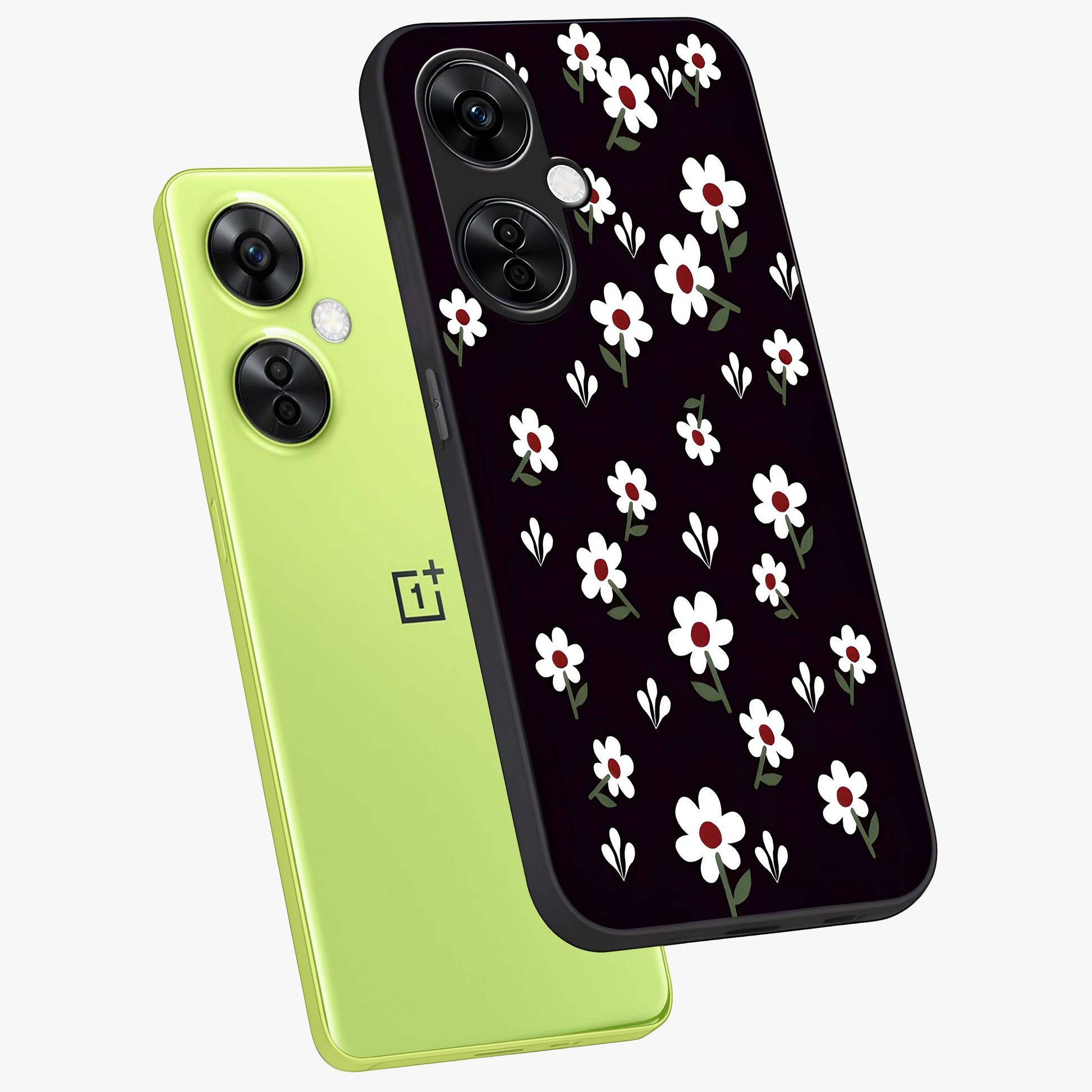 Black Prints Daisy Flower Pattern Glass Case for 1+Nord CE 3 Lite angled mockup showcasing glossy finish and bold floral contrast