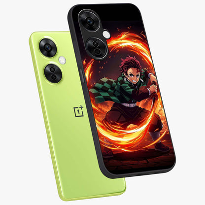Blazing Sword Resolve Glass Case for 1+Nord CE 3 Lite captured at a warm angle highlighting sharp fiery details, gloss, and edge clarity.