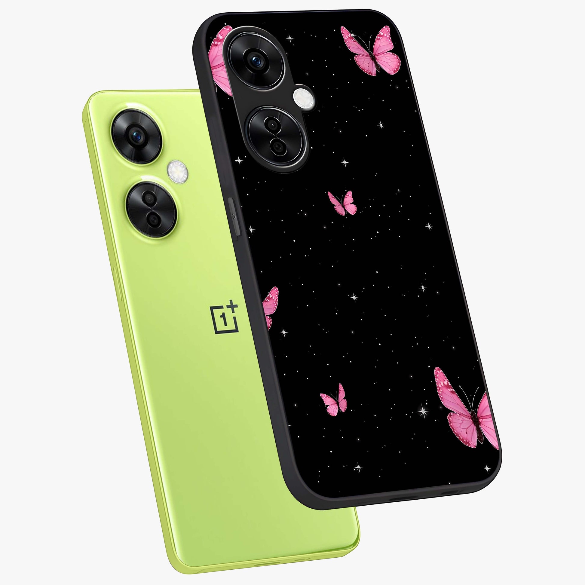 Blinking Butterfly Glass Case for 1+Nord CE 3 Lite captured at a warm angle highlighting soft wing details, gloss, and edge clarity.