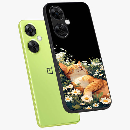 Blissful Bloom Cat Glass Case for 1+Nord CE 3 Lite angled mockup showcasing glossy glass finish and vibrant bloom detailing