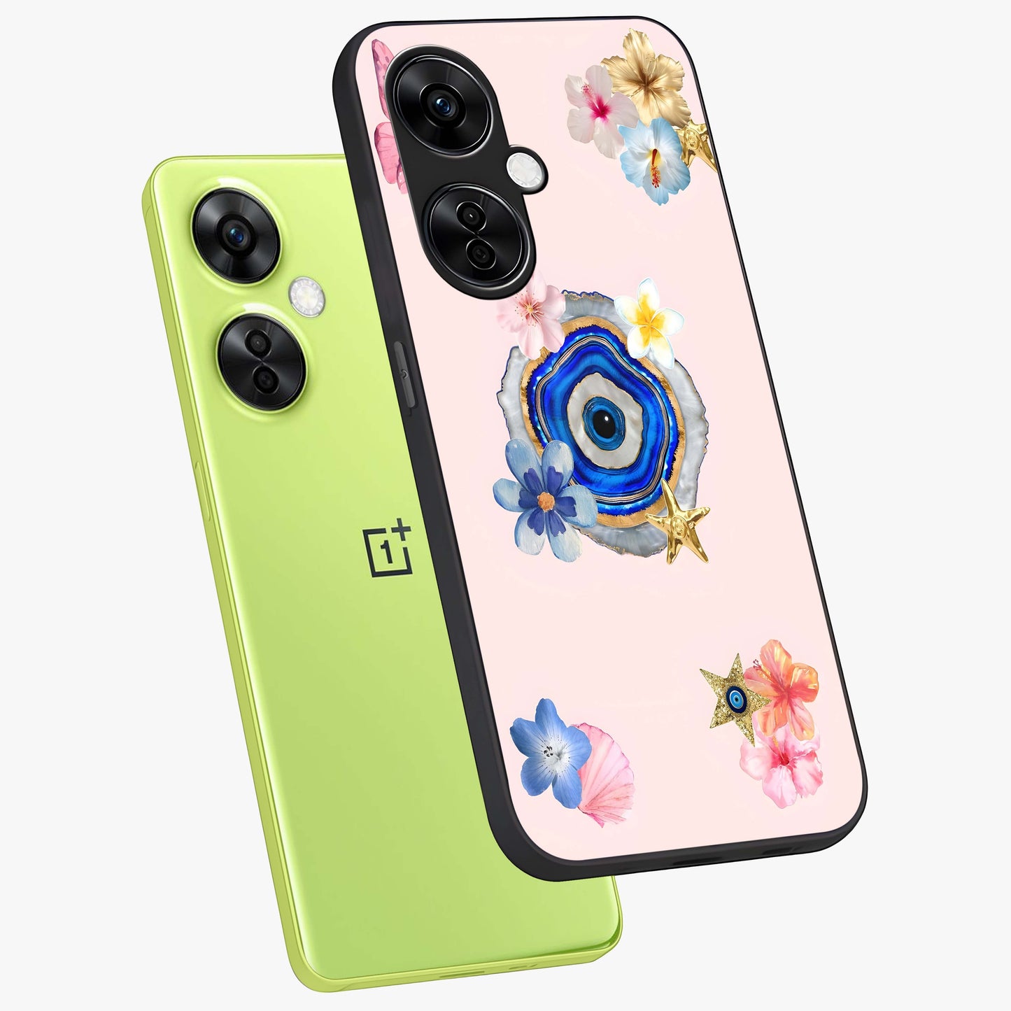 Blossom Evil Charm Glass Case for 1+Nord CE 3 Lite angled mockup showcasing glossy finish and protective charm design