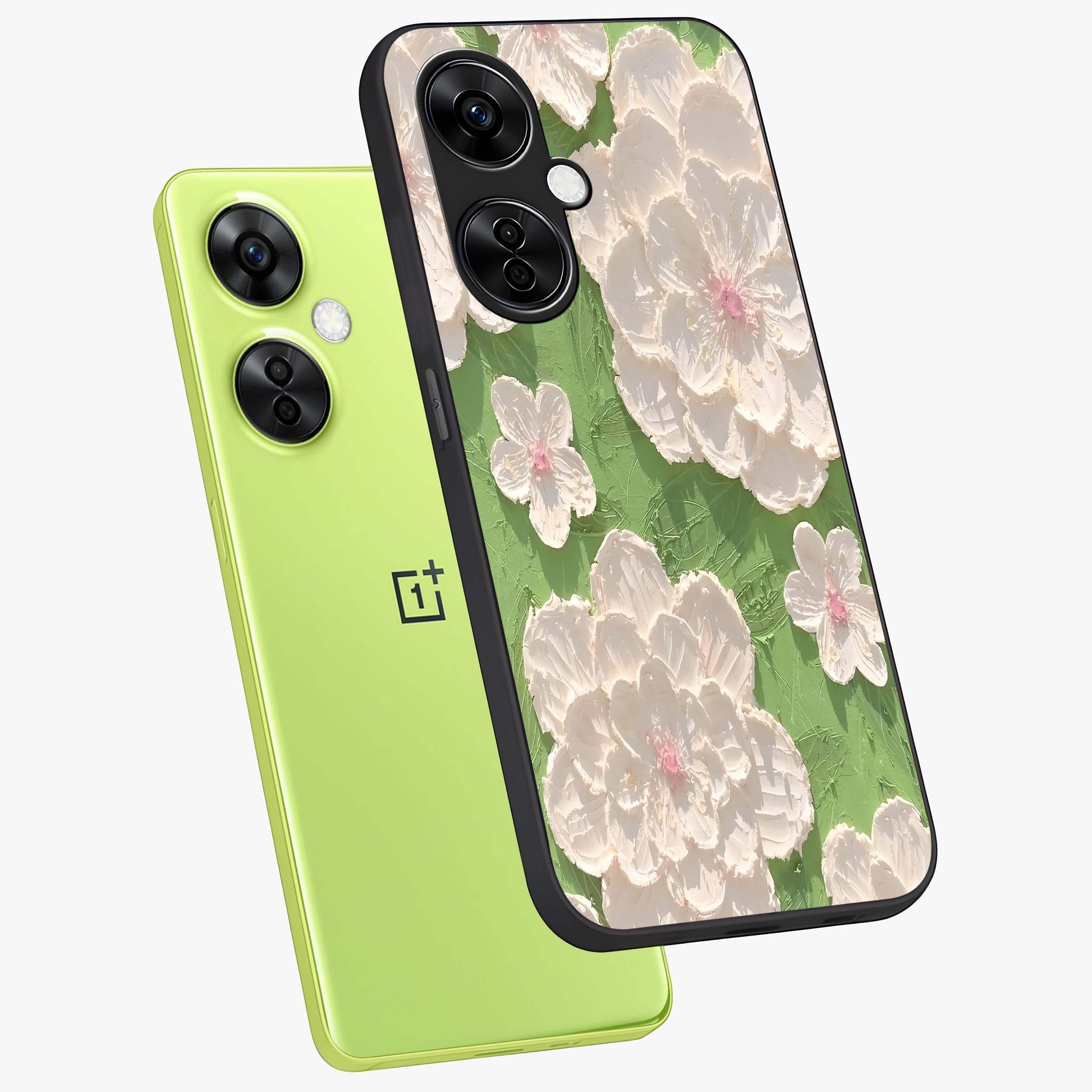 Blossom Meadow Dreams Glass Case for 1+Nord CE 3 Lite angled mockup showcasing glossy finish and pastel bloom textures