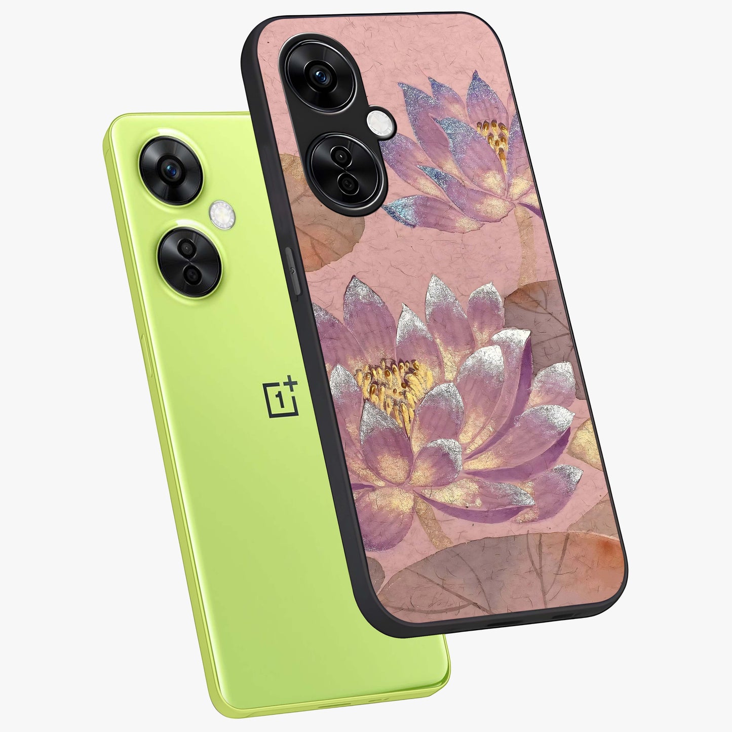 Blossom Mist Lotus Glass Case for 1+Nord CE 3 Lite angled mockup showcasing glossy finish and peaceful floral detailing