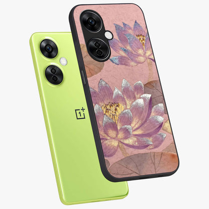 Blossom Mist Lotus Glass Case for 1+Nord CE 3 Lite angled mockup showcasing glossy finish and peaceful floral detailing