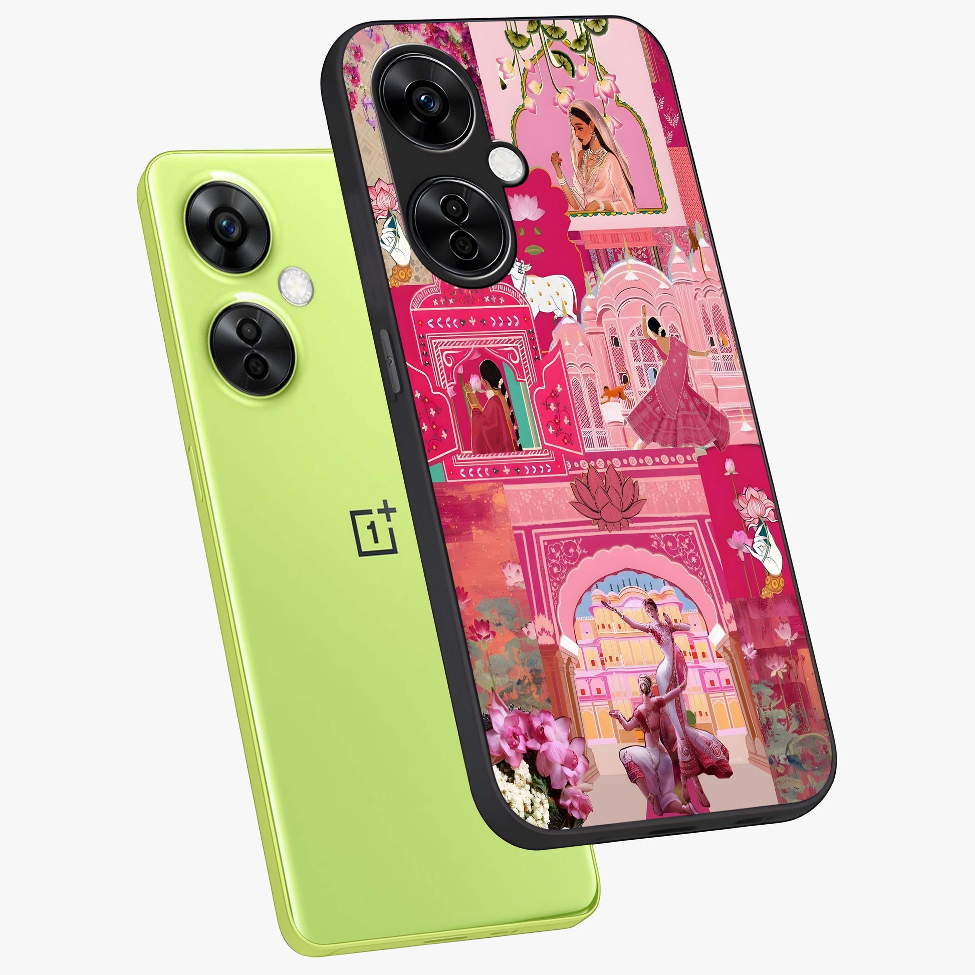 Blossoms of Rajasthan Glass Case for 1+Nord CE 3 Lite angled mockup showcasing glossy finish and rich cultural patterns