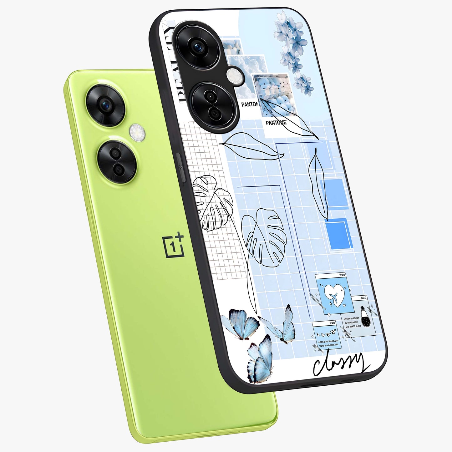 Blue Aesthetic Flower Glass Case for 1+Nord CE 3 Lite angled mockup showcasing glossy finish and delicate bloom design