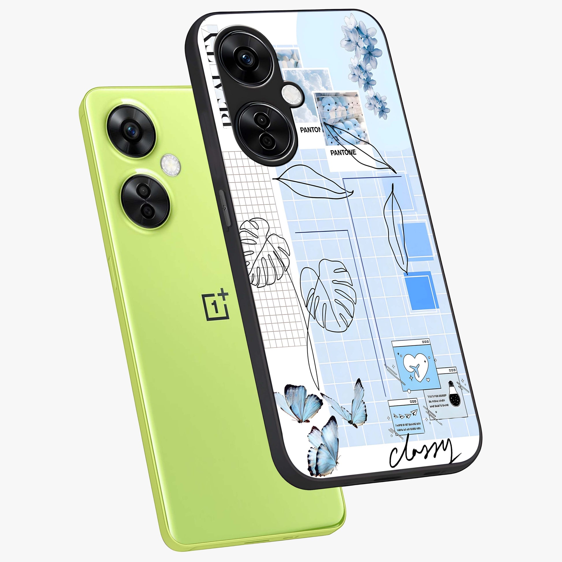 Blue Aesthetic Flower Glass Case for 1+Nord CE 3 Lite angled mockup showcasing glossy finish and delicate bloom design