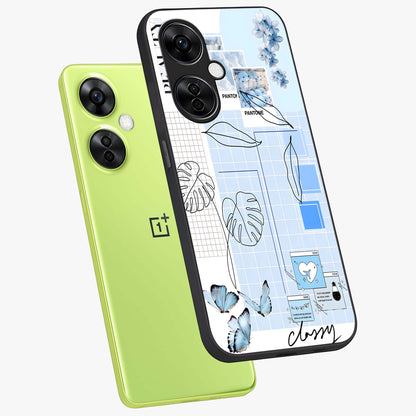 Blue Aesthetic Flower Glass Case for 1+Nord CE 3 Lite angled mockup showcasing glossy finish and delicate bloom design