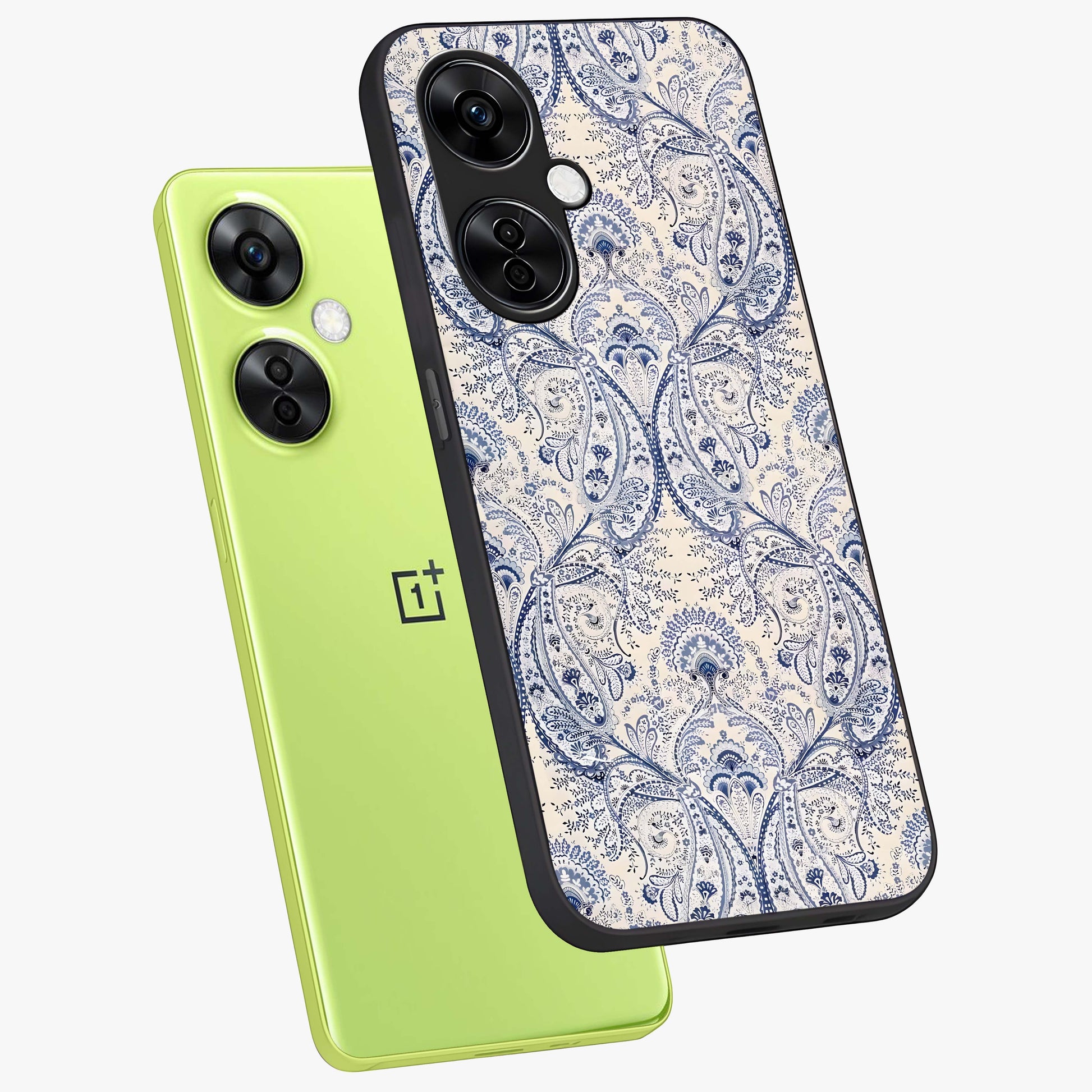 Blue Paisley Bloom Glass Case for 1+Nord CE 3 Lite angled mockup showcasing glossy finish and detailed ornamental design