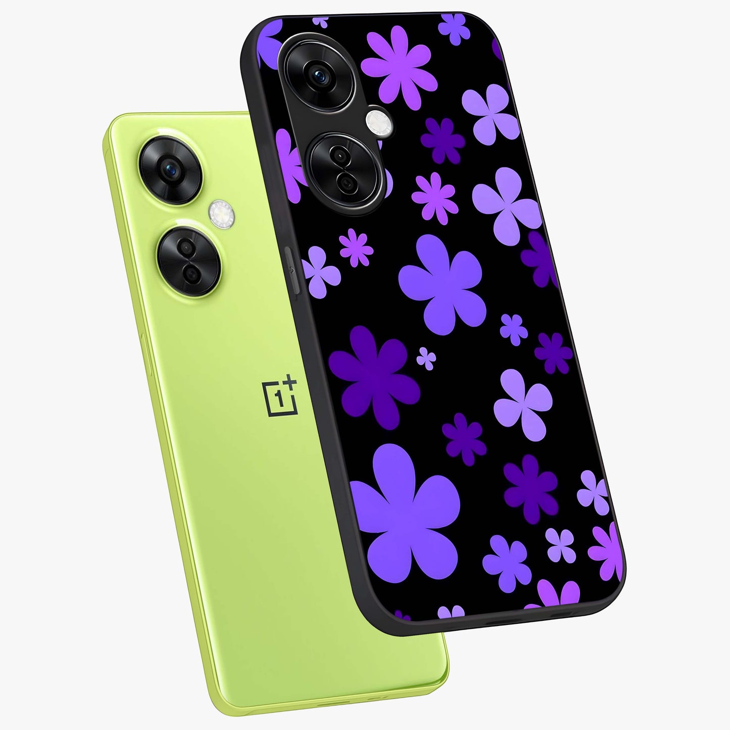 Blue Retro Pop Flowers Glass Case for 1+Nord CE 3 Lite angled mockup showcasing glossy finish and playful pop flower design