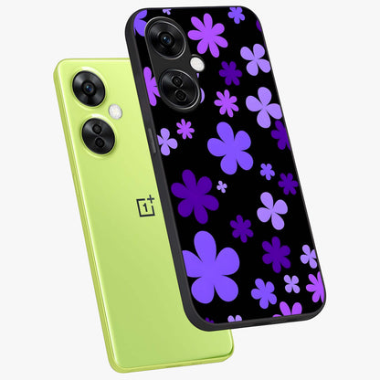 Blue Retro Pop Flowers Glass Case for 1+Nord CE 3 Lite angled mockup showcasing glossy finish and playful pop flower design