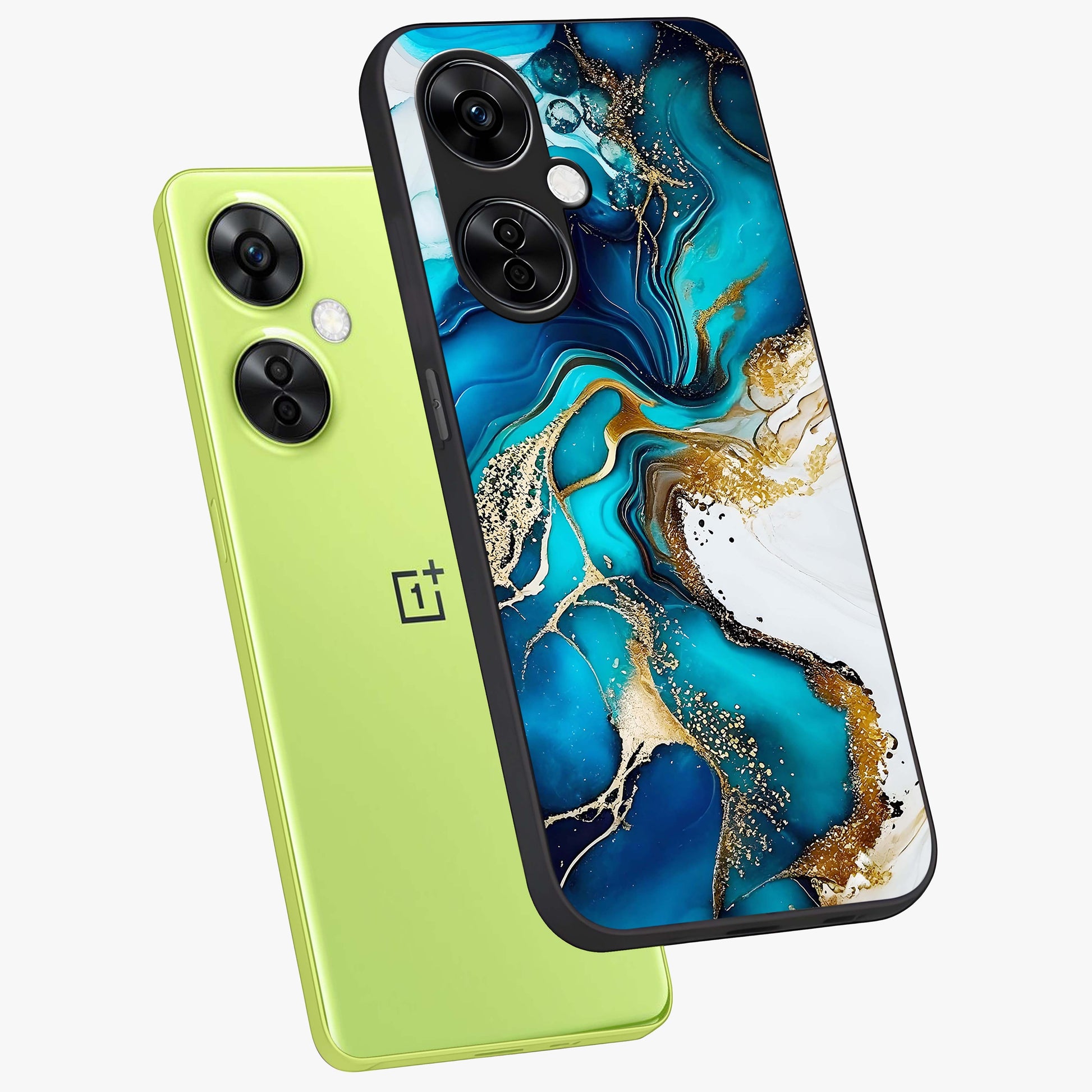 Blue and White Marble With Golden Viens Art Glass Case for 1+Nord CE 3 Lite angled mockup showcasing glossy finish and premium marble pattern