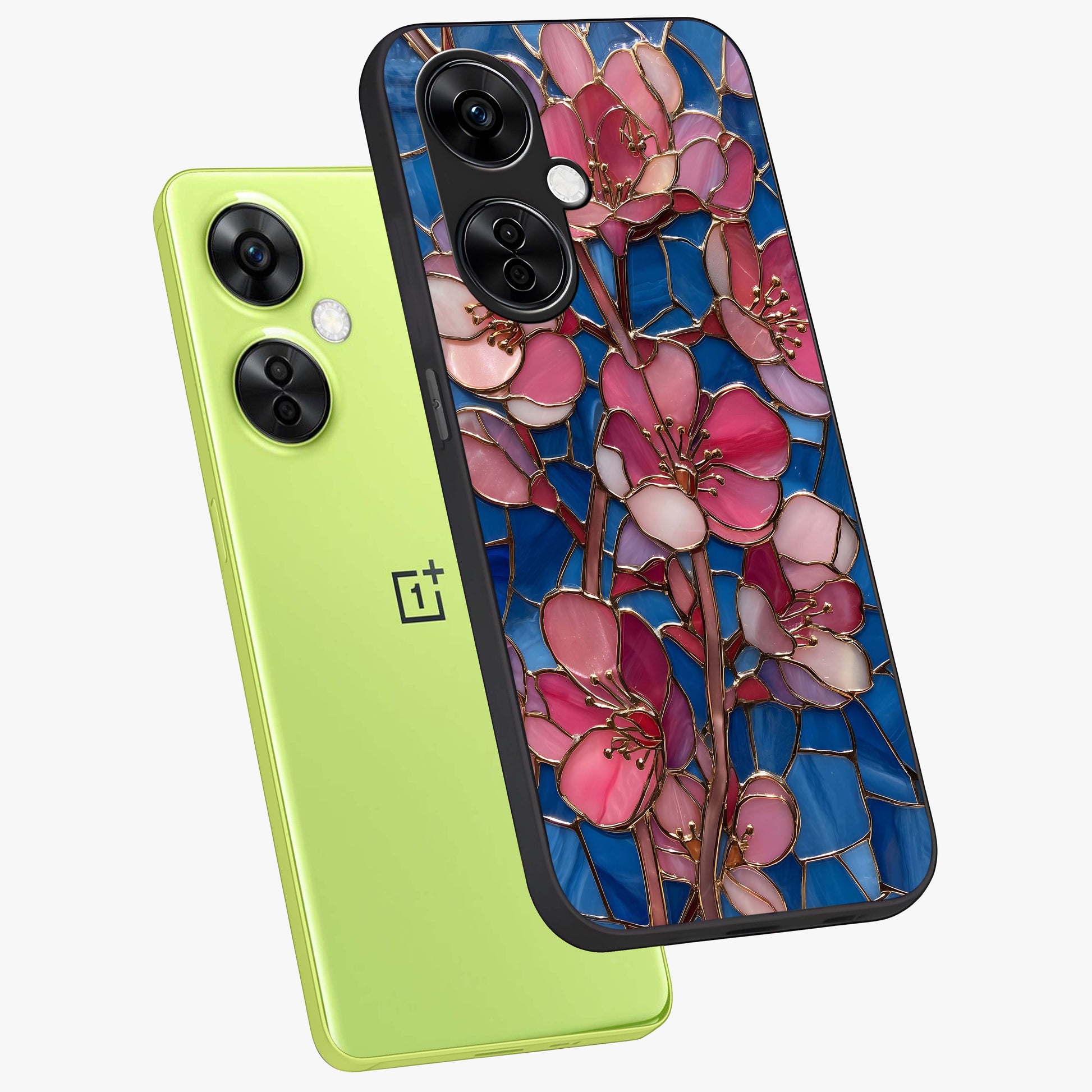 Blush Bloom Glass Case for 1+Nord CE 3 Lite angled mockup showcasing glossy finish and elegant bloom design