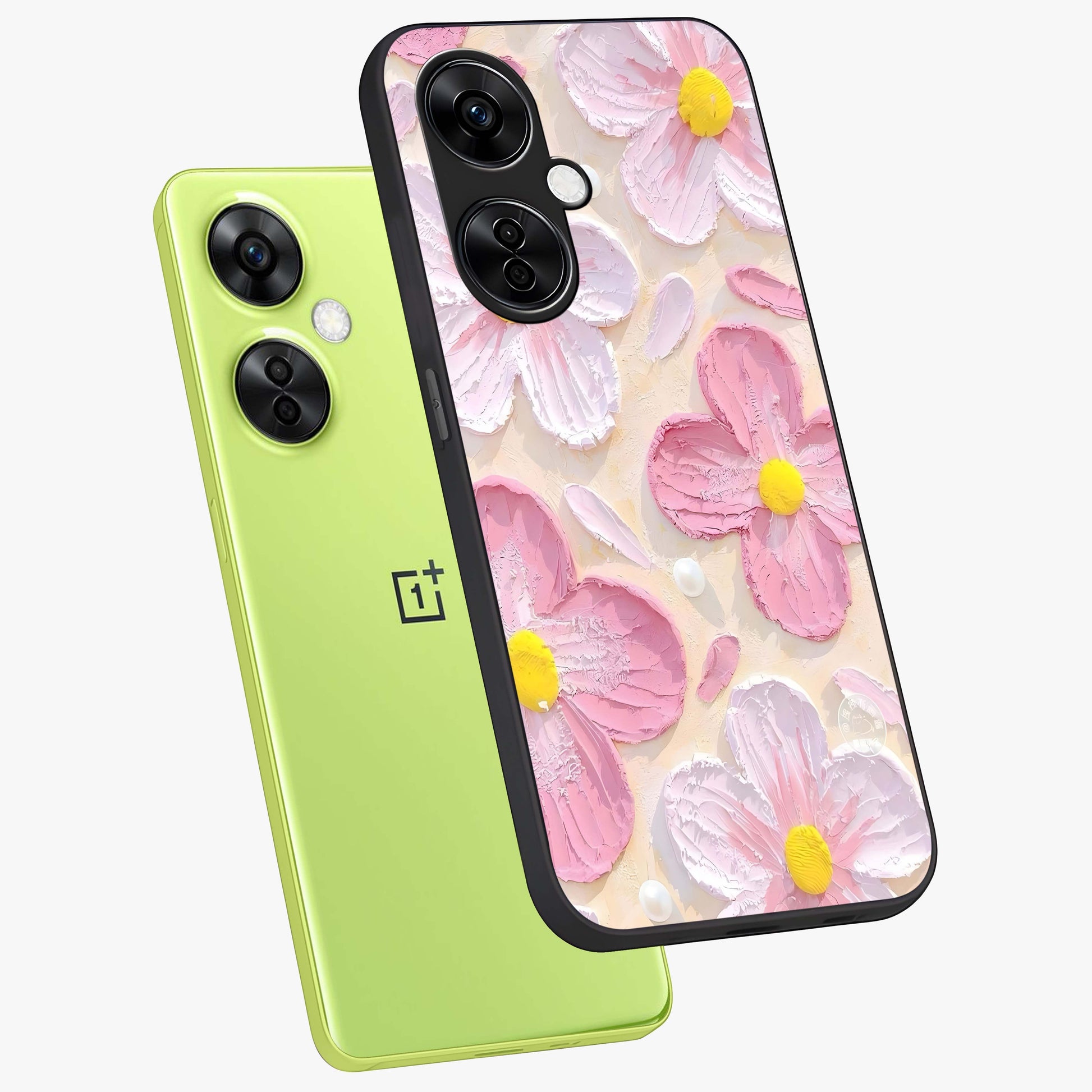 Blush Bloom Texture Glass Case for 1+Nord CE 3 Lite angled mockup showcasing glossy finish and layered texture detailing