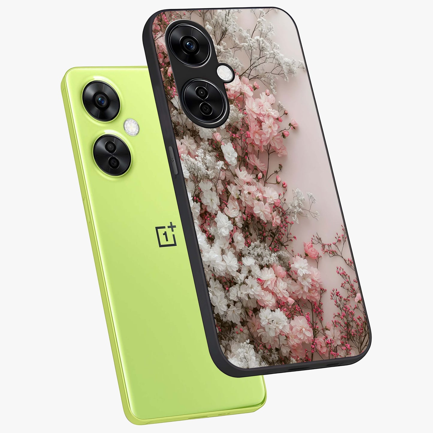 Blush Blossom Cloud Glass Case for 1+Nord CE 3 Lite angled mockup showcasing glossy finish and pastel floral design