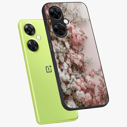Blush Blossom Cloud Glass Case for 1+Nord CE 3 Lite angled mockup showcasing glossy finish and pastel floral design