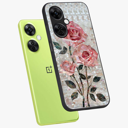 Blush Mosaic Bloom Glass Case for 1+Nord CE 3 Lite angled mockup showcasing glossy finish and detailed mosaic patterns