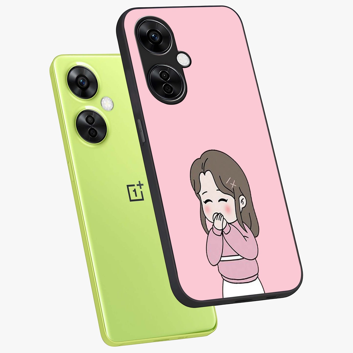 Blushing Love Moment Glass Case for 1+Nord CE 3 Lite angled mockup showcasing glossy finish and elegant romantic design