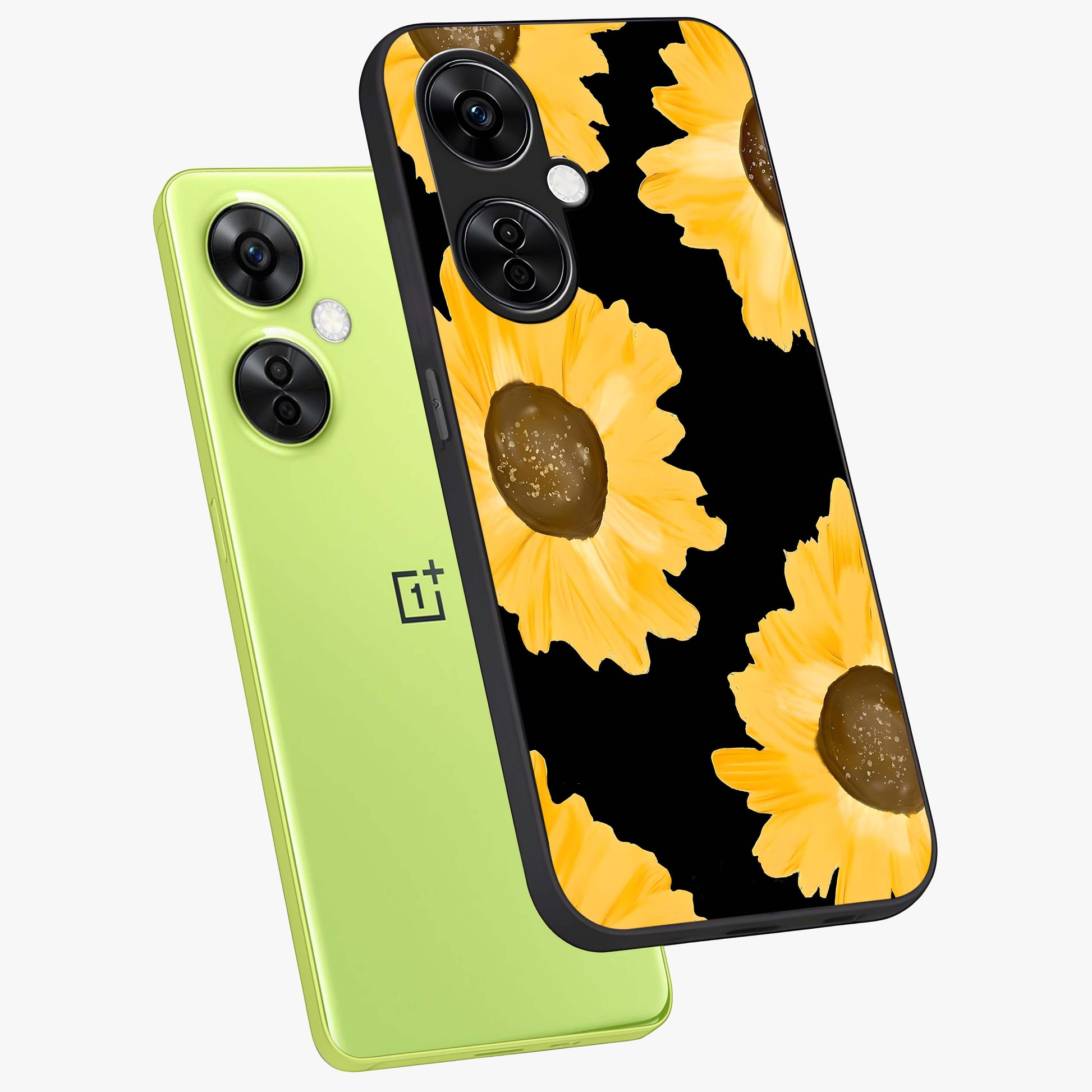 Bold Sunflowers Glow Glass Case for 1+Nord CE 3 Lite angled mockup showcasing glossy glass finish and bright floral detailing