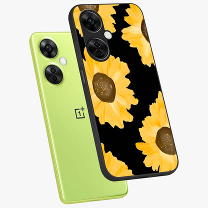 Bold Sunflowers Glow Glass Case for 1+Nord CE 3 Lite angled mockup showcasing glossy glass finish and bright floral detailing