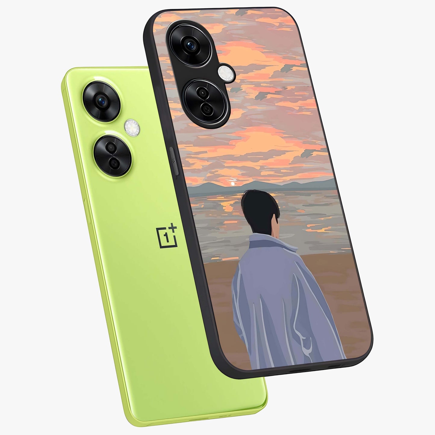 Boy Facing Sunset Beach Glass Case for 1+Nord CE 3 Lite angled mockup showcasing glossy finish and warm beach tones