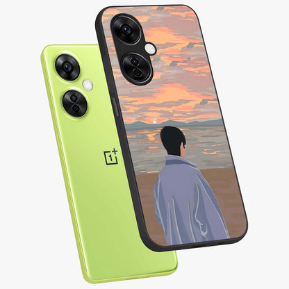 Boy Facing Sunset Beach Glass Case for 1+Nord CE 3 Lite angled mockup showcasing glossy finish and warm beach tones