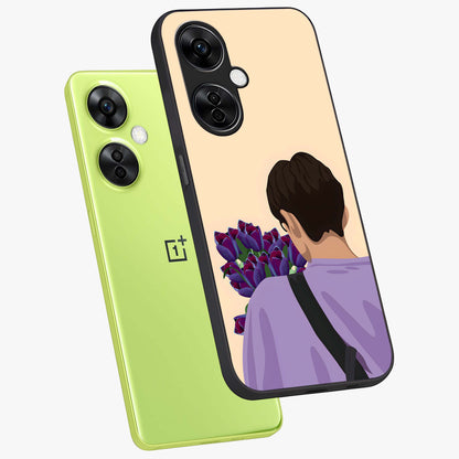Boy Holding Flowers Glass Case for 1+Nord CE 3 Lite angled mockup showcasing glossy finish and gentle pastel artwork