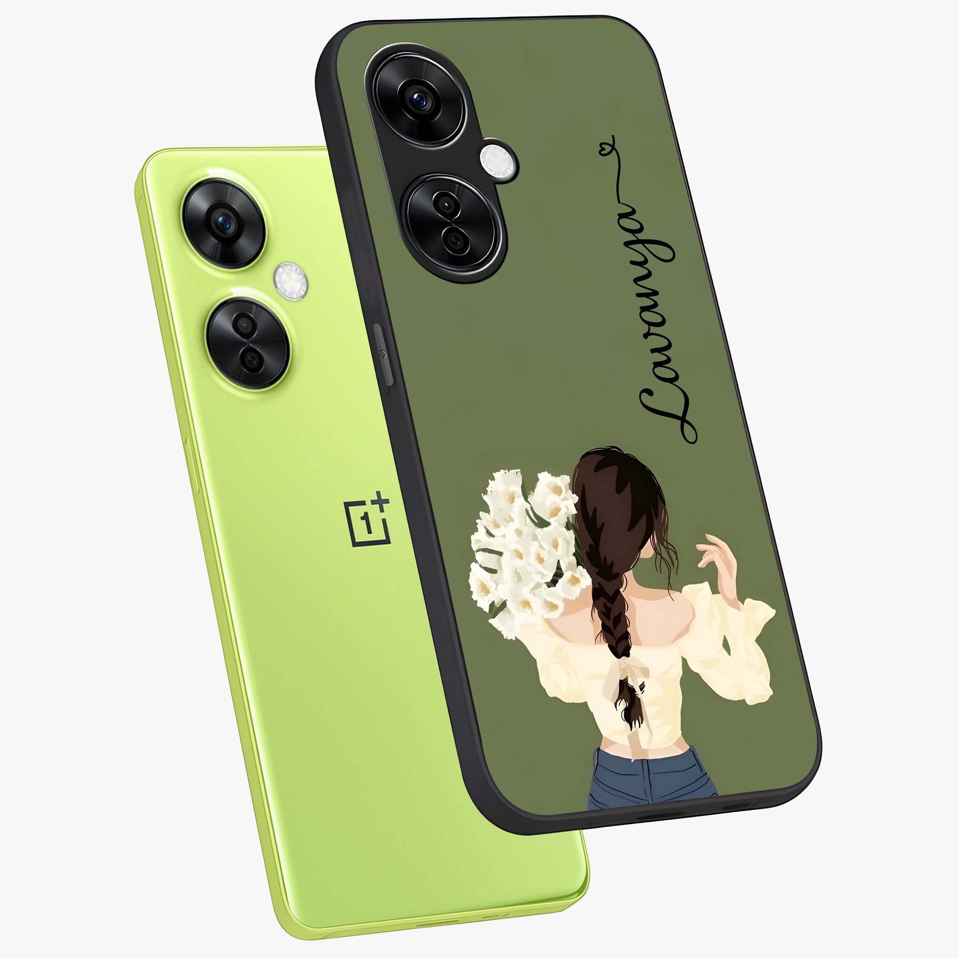 Braided Spring Beauty With Custom Name Glass Case for 1+Nord CE 3 Lite angled mockup showcasing glossy finish and spring inspired detailing