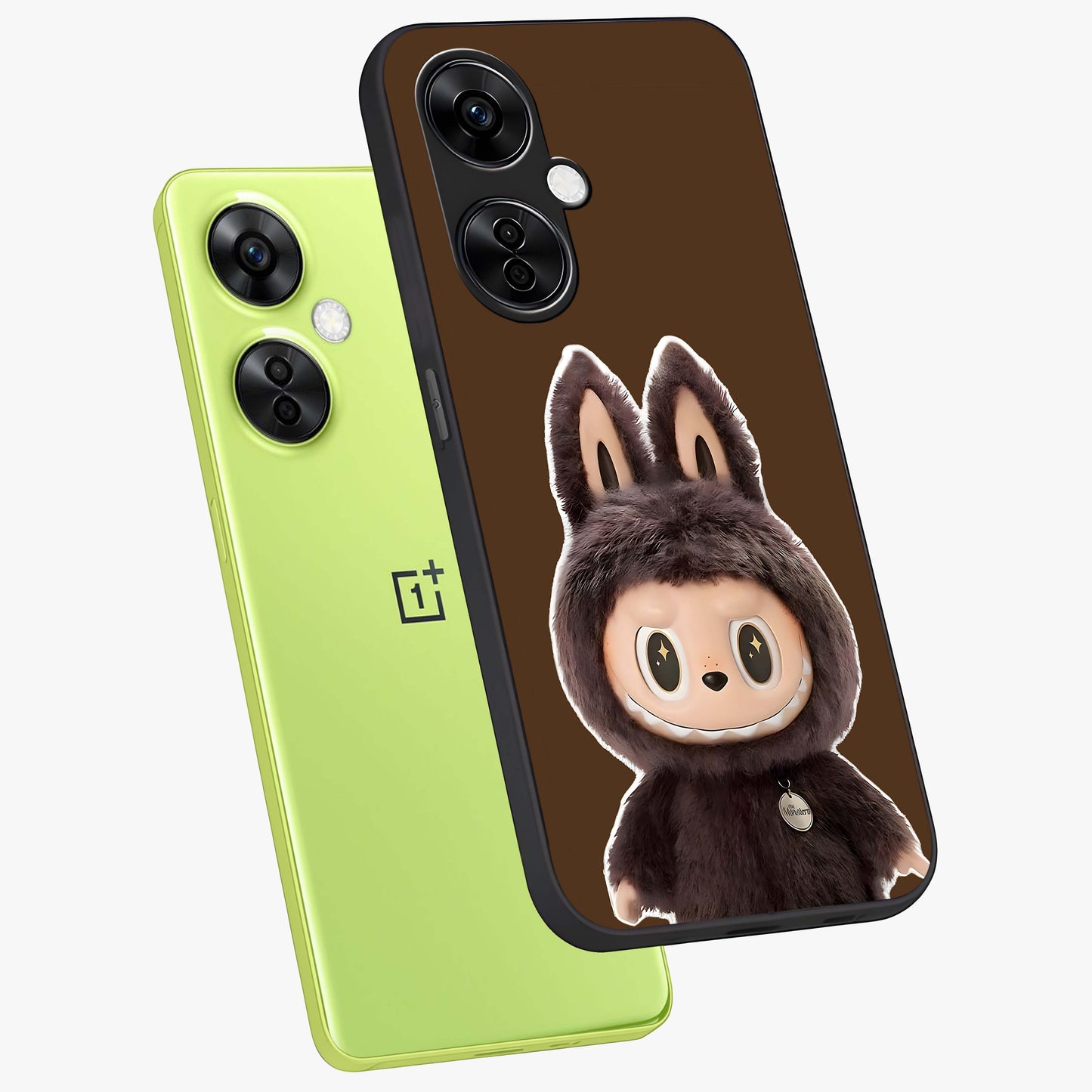 Brown Labubu Design Glass Case for 1+Nord Ce 3 Lite angled mockup showcasing glossy finish and detailed cartoon illustration