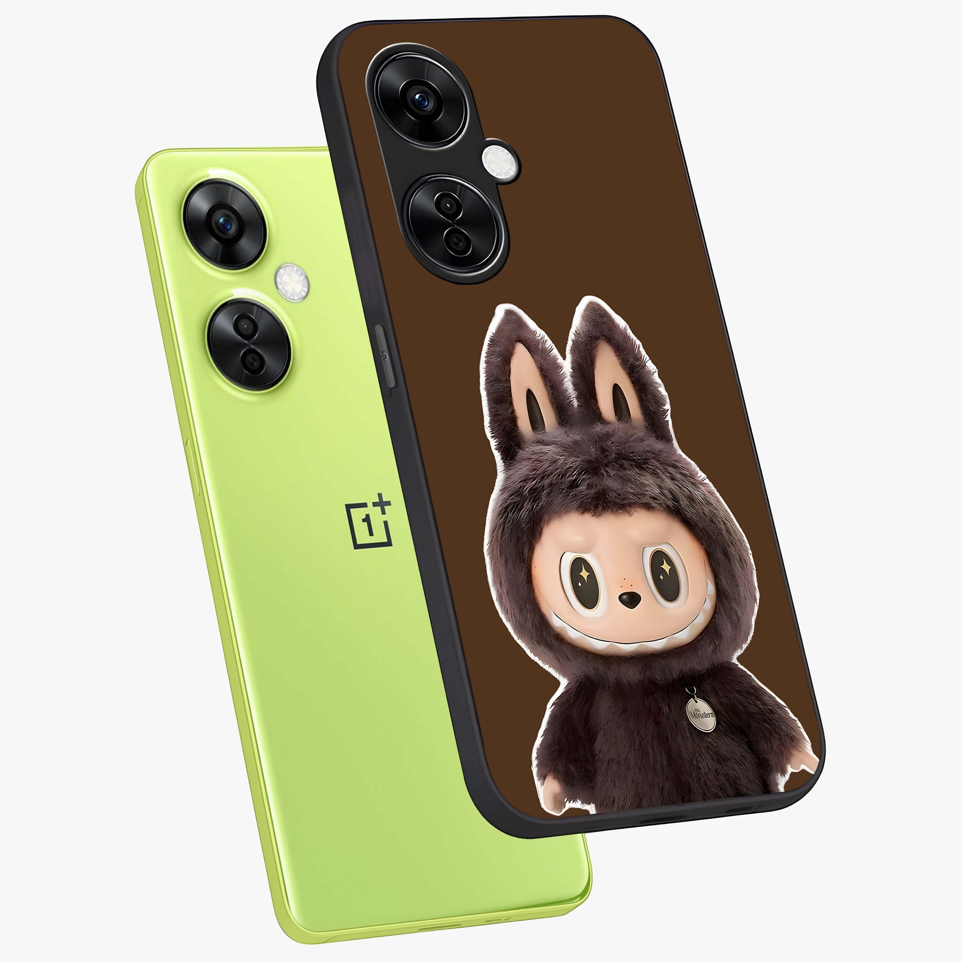 Brown Labubu Design Glass Case for 1+Nord Ce 3 Lite angled mockup showcasing glossy finish and detailed cartoon illustration