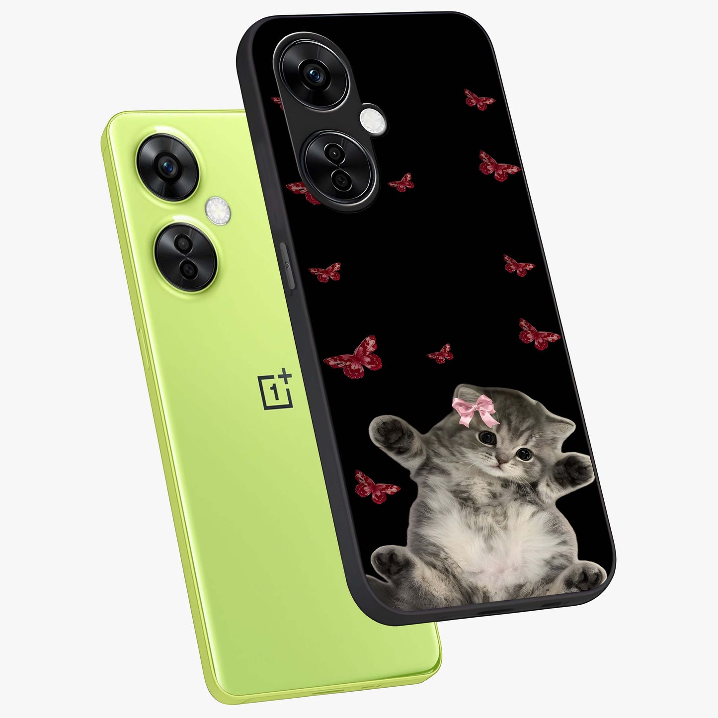 Butterfly Cat Bliss Glass Case for 1+Nord CE 3 Lite angled mockup showcasing glossy finish and soft pastel tones