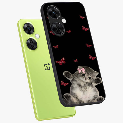 Butterfly Cat Bliss Glass Case for 1+Nord CE 3 Lite angled mockup showcasing glossy finish and soft pastel tones