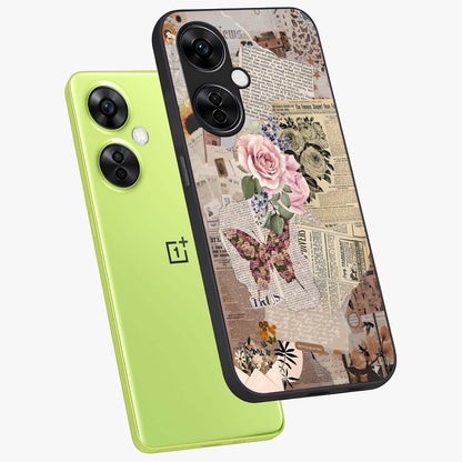 Butterfly News Bloom Glass Case for 1+Nord CE 3 Lite angled mockup showcasing glossy finish and vibrant nature design