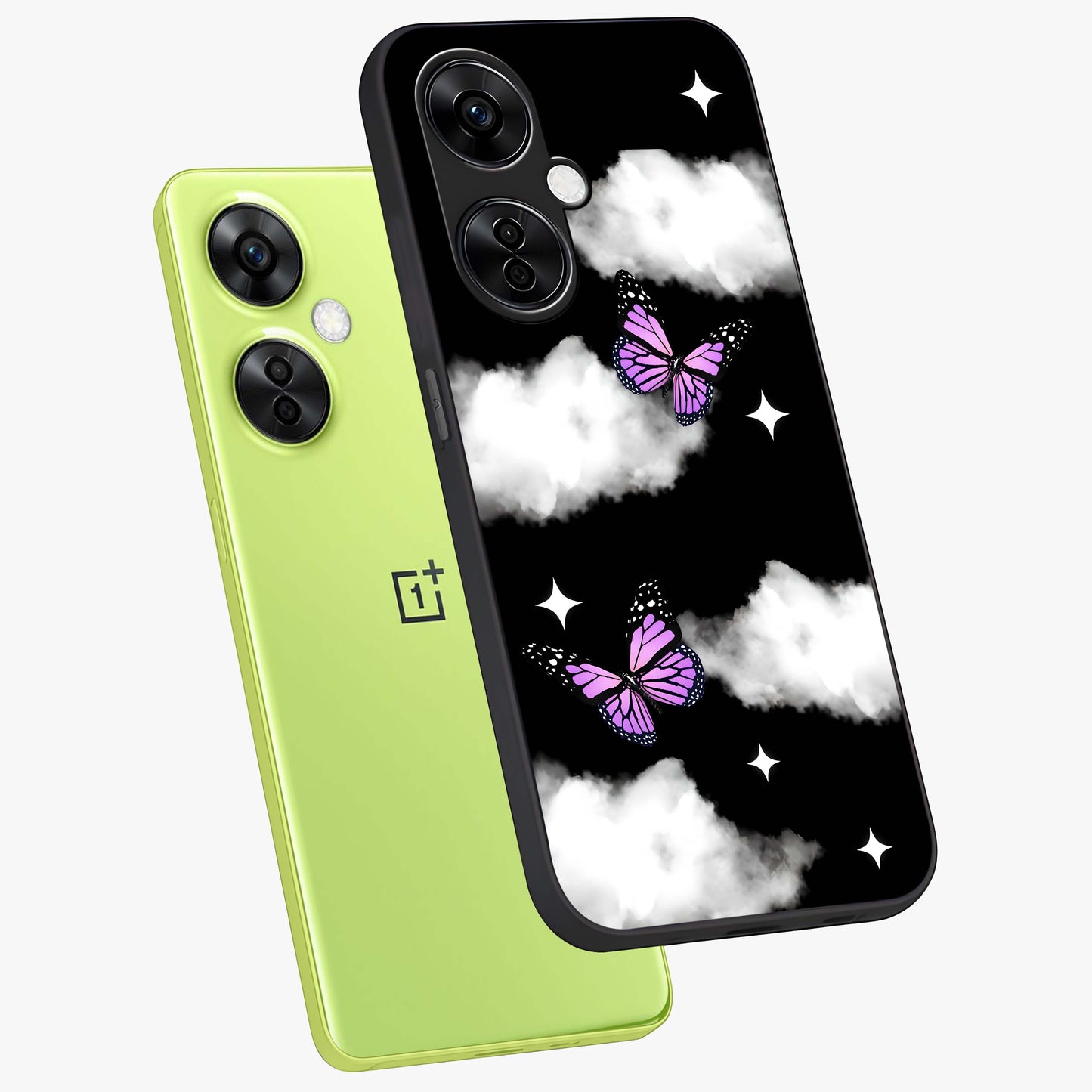 Butterfly Night Drift Glass Case for 1+Nord Ce 3 Lite angled mockup showcasing glossy finish and deep midnight gradients