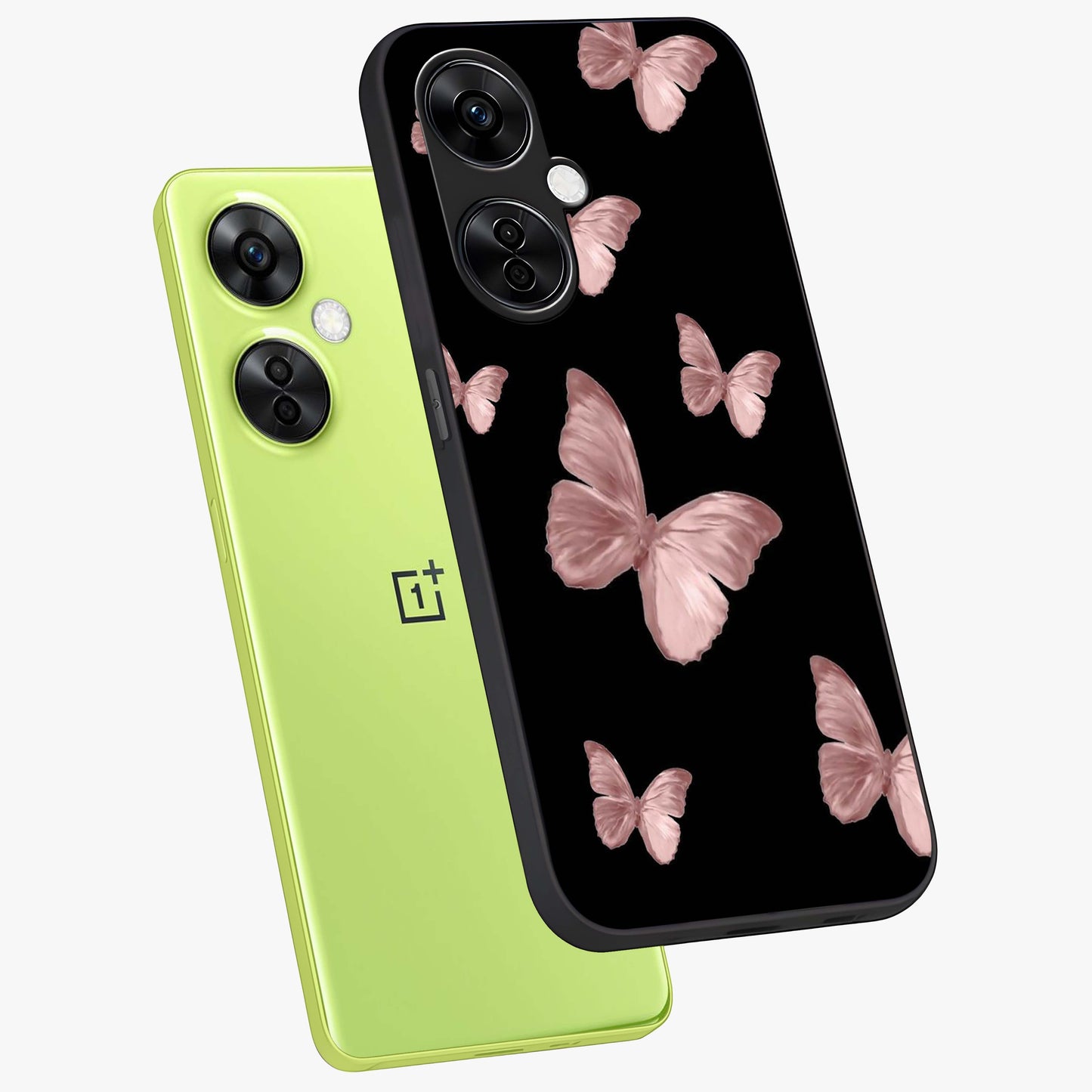Butterfly Pattern Glass Case for 1+Nord CE 3 Lite angled mockup showcasing glossy glass finish and delicate wing design