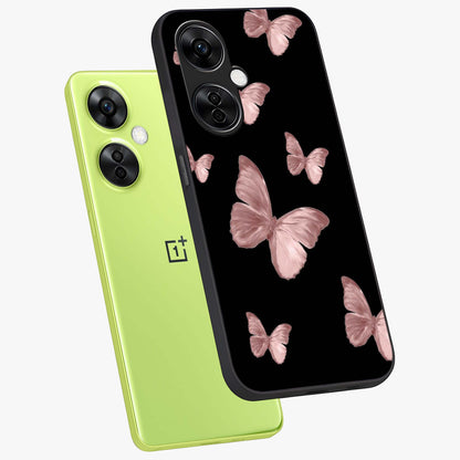 Butterfly Pattern Glass Case for 1+Nord CE 3 Lite angled mockup showcasing glossy glass finish and delicate wing design