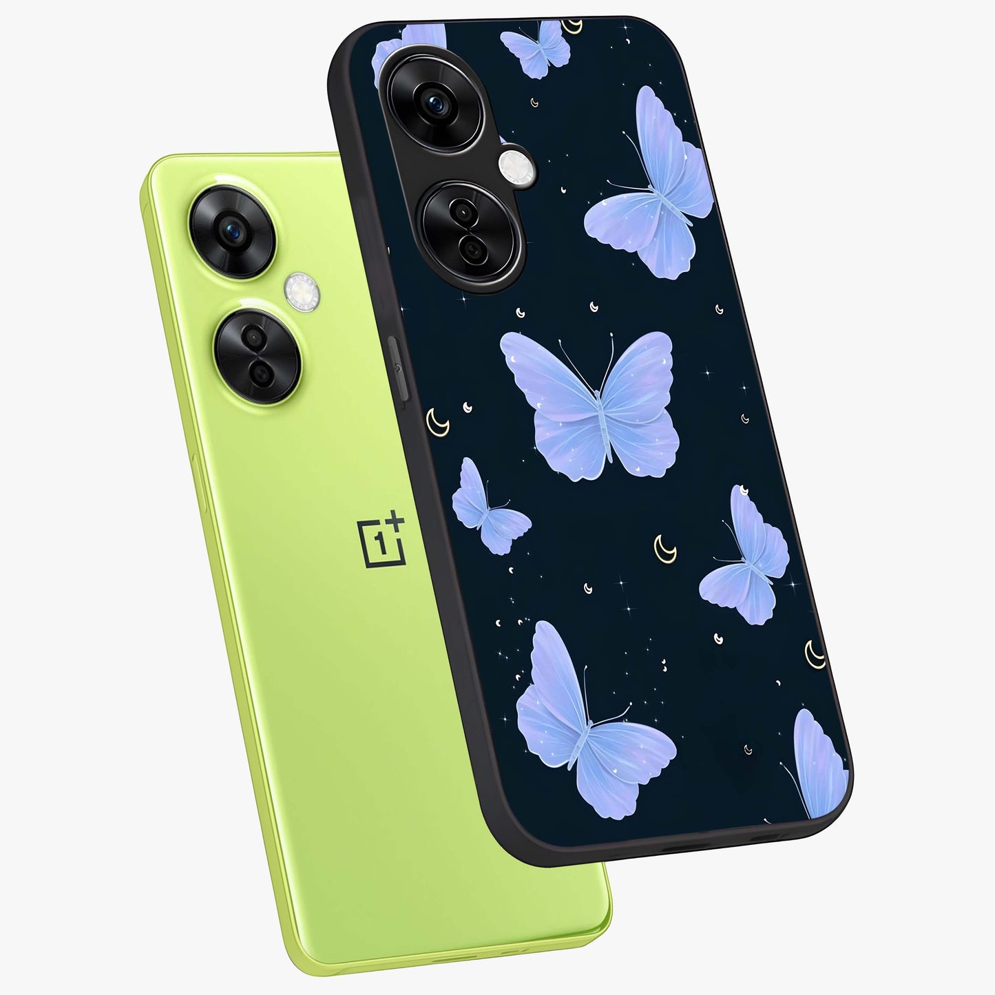 Butterfly With Stars Pattern Glass Case for 1+Nord CE 3 Lite angled mockup showcasing glossy finish and celestial inspired design