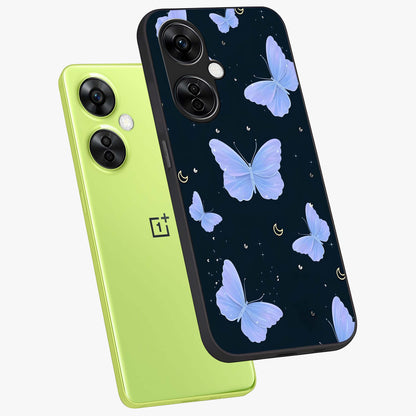 Butterfly With Stars Pattern Glass Case for 1+Nord CE 3 Lite angled mockup showcasing glossy finish and celestial inspired design
