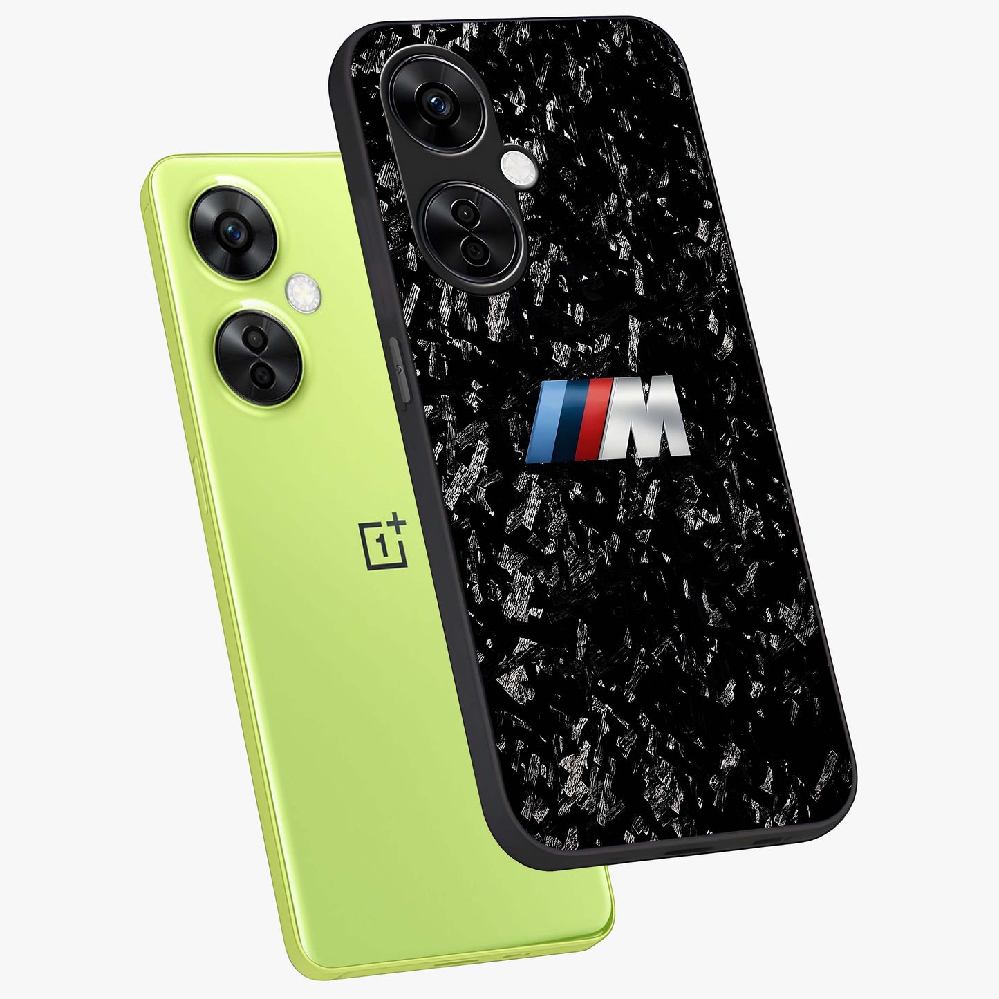 Carbon Speed Mark Glass Case for 1+Nord CE 3 Lite angled mockup showcasing glossy finish and high performance aesthetic