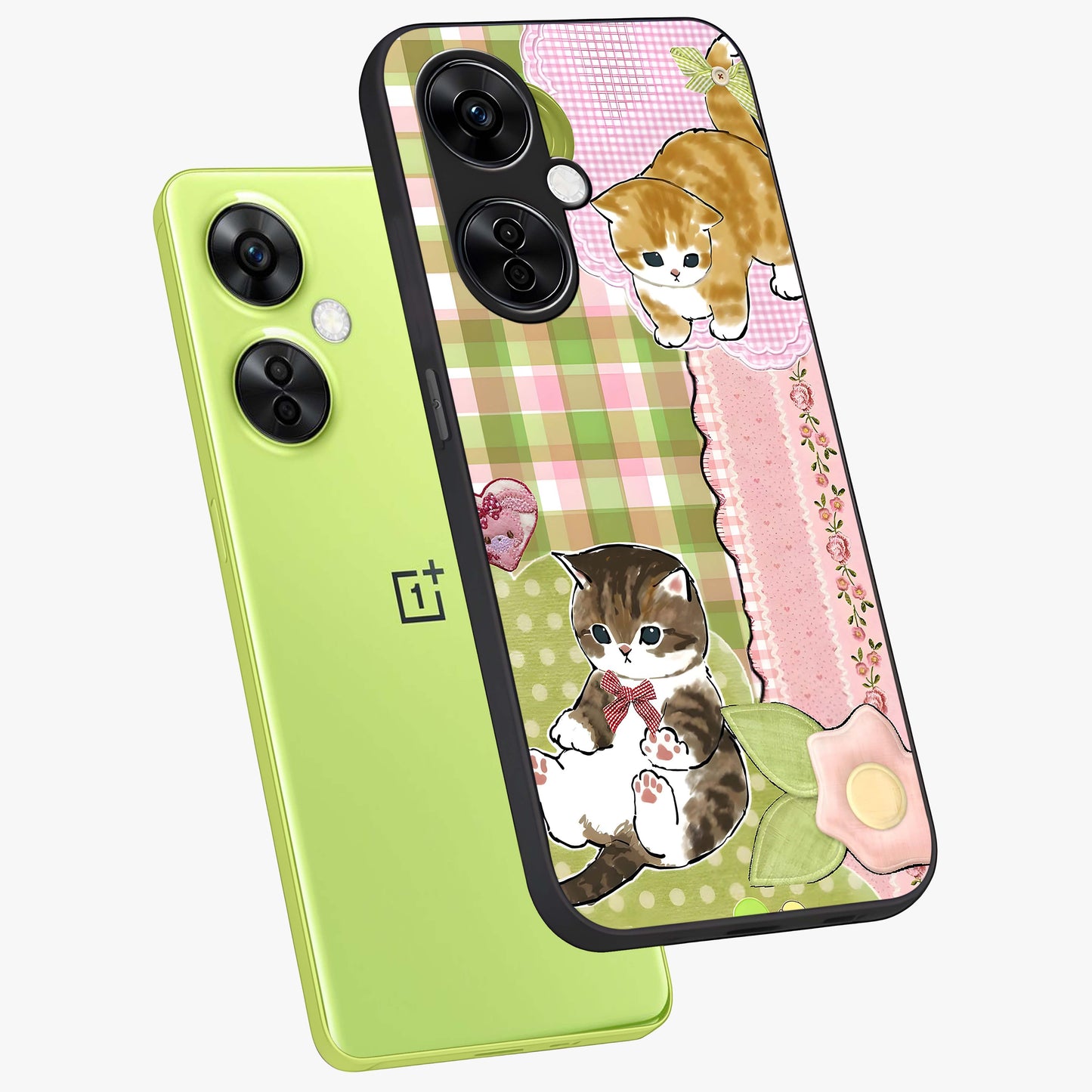 Cats Sweet Button Glass Case for 1+Nord CE 3 Lite angled mockup showcasing glossy finish and charming character design
