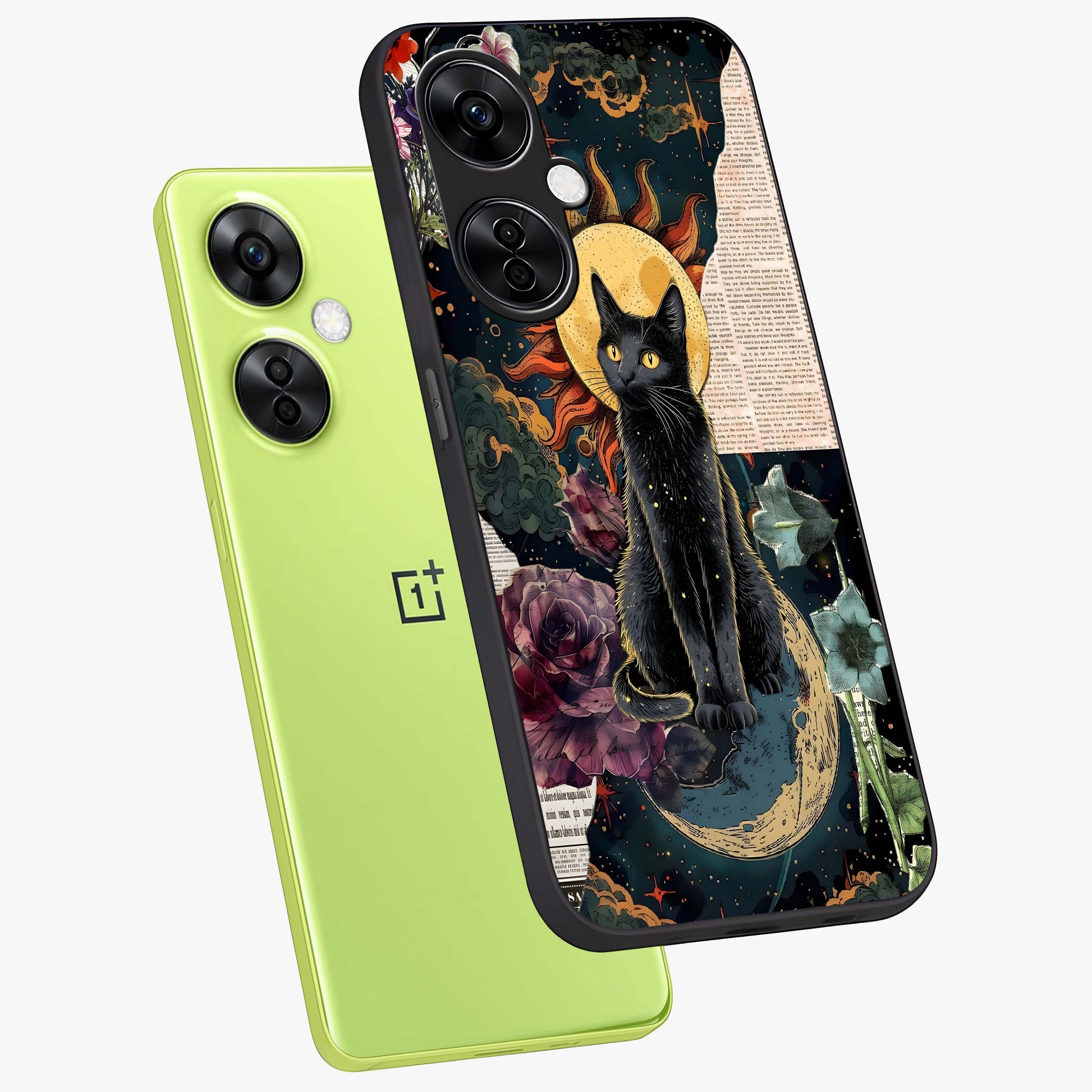 Celestial Black Cat Glass Case for 1+Nord CE 3 Lite angled mockup showcasing glossy finish and celestial glow detailing