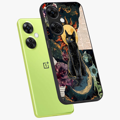 Celestial Black Cat Glass Case for 1+Nord CE 3 Lite angled mockup showcasing glossy finish and celestial glow detailing