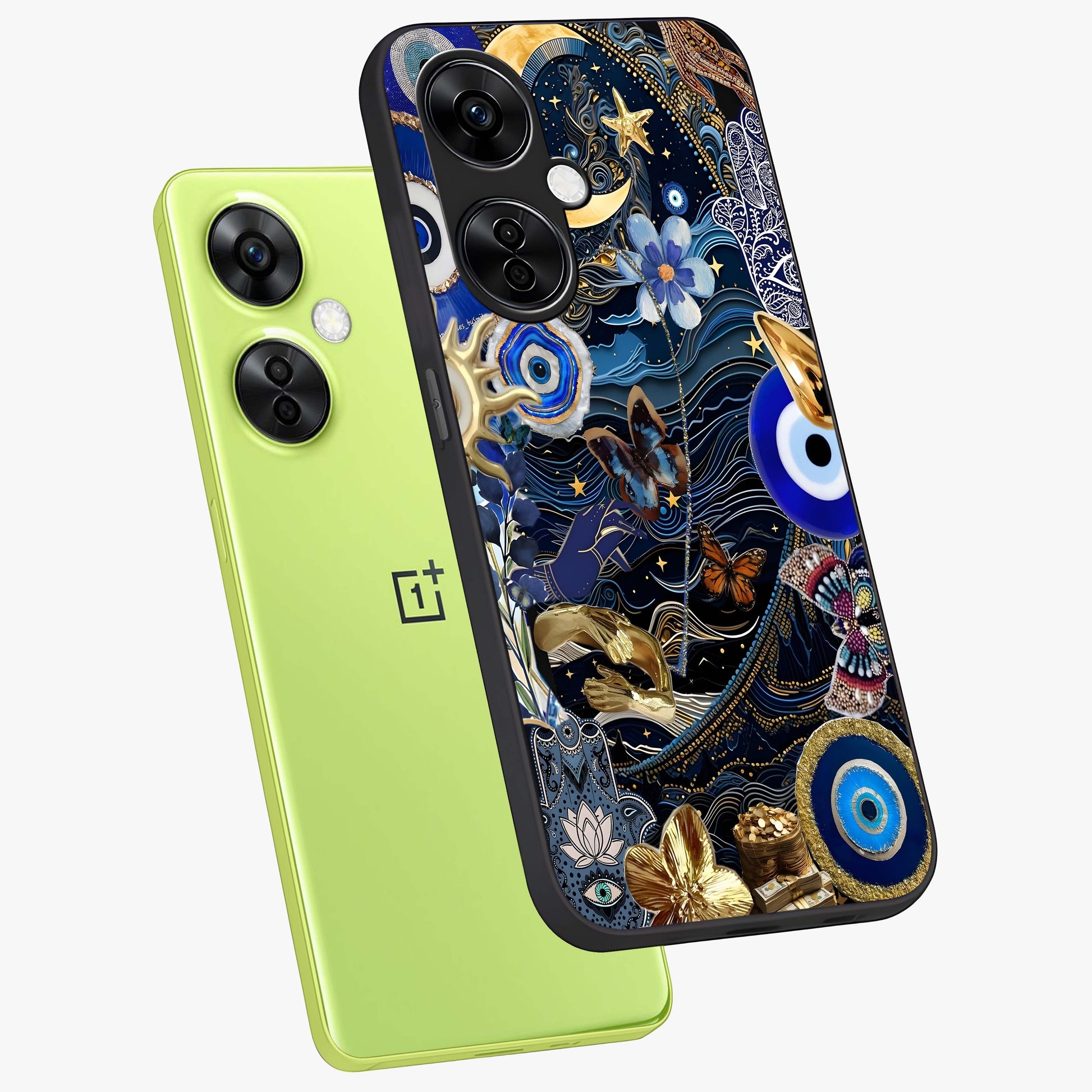 Celestial Blessing Shield Glass Case for 1+Nord CE 3 Lite angled mockup showcasing glossy finish and divine design elements