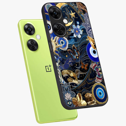 Celestial Blessing Shield Glass Case for 1+Nord CE 3 Lite angled mockup showcasing glossy finish and divine design elements