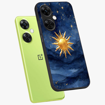 Celestial Blue Glow Glass Case for 1+Nord CE 3 Lite angled mockup showcasing glossy finish and luminous celestial tones