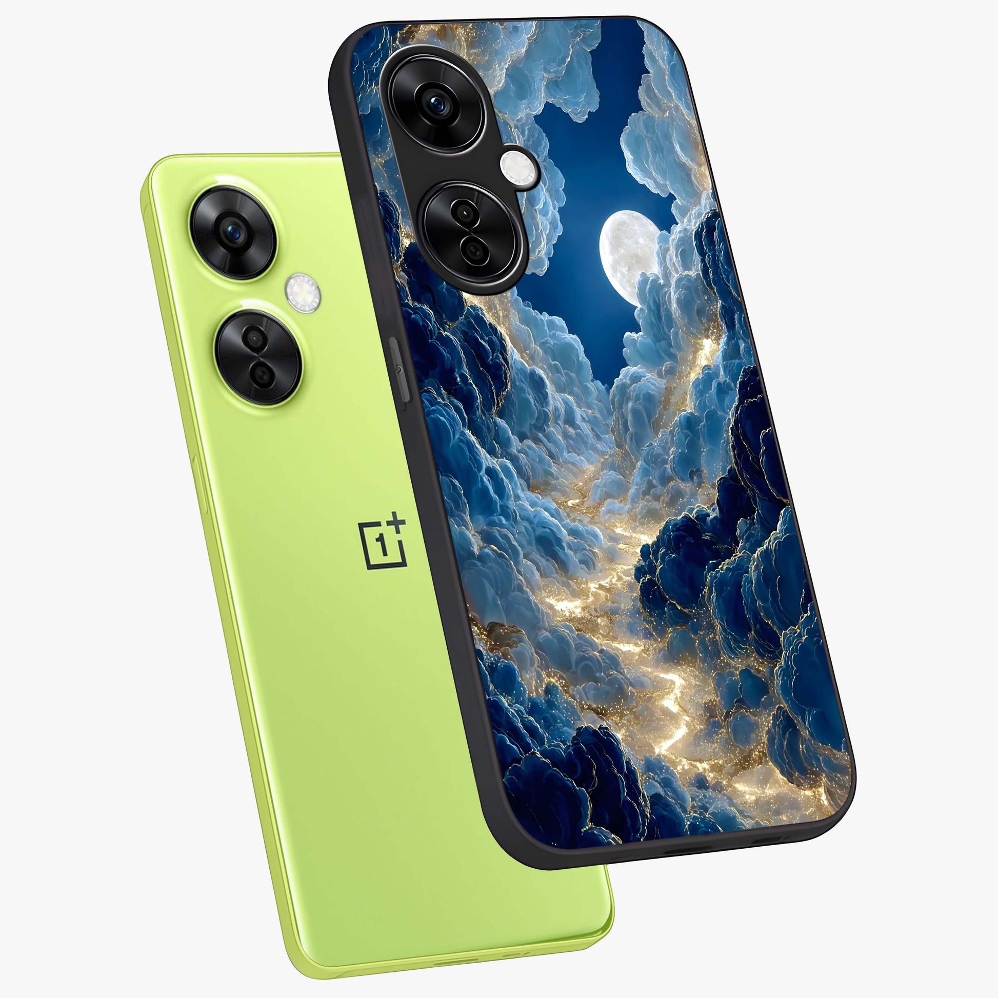 Celestial Cloud Path Glass Case for 1+Nord CE 3 Lite angled mockup showcasing glossy finish and soft celestial gradients