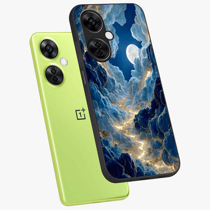 Celestial Cloud Path Glass Case for 1+Nord CE 3 Lite angled mockup showcasing glossy finish and soft celestial gradients