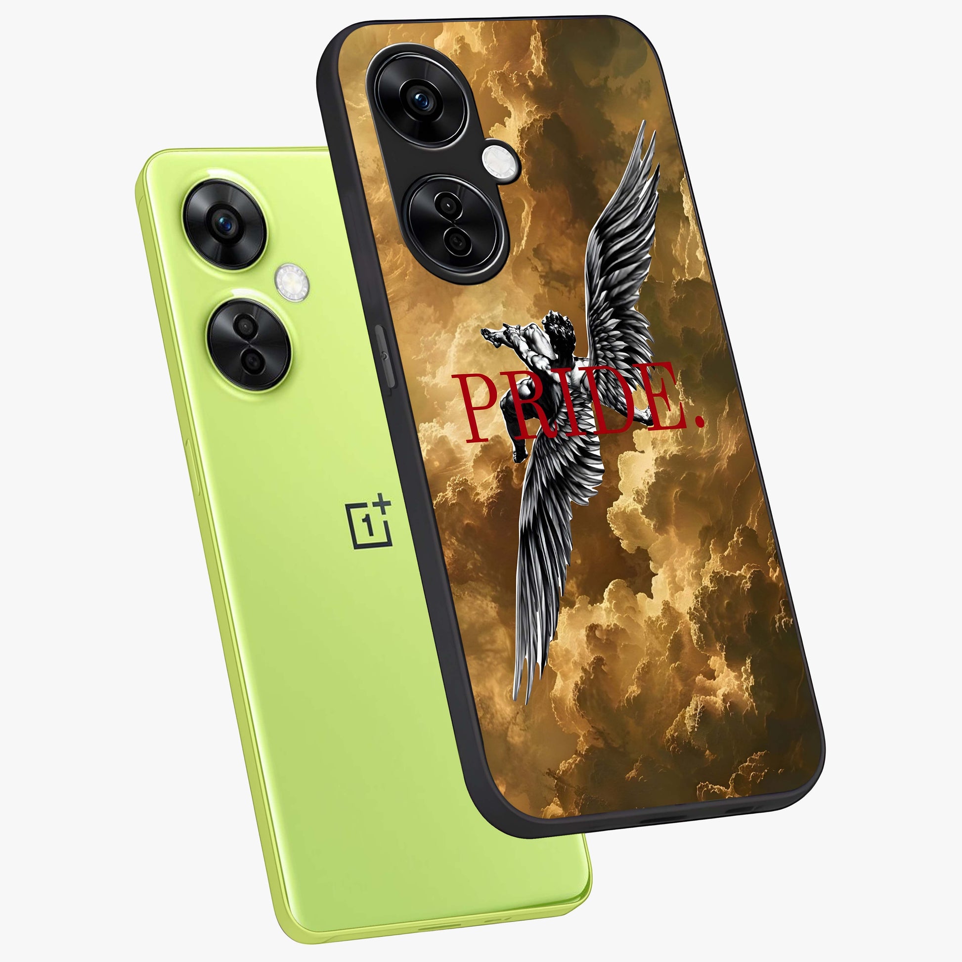 Celestial Fallen Pride Glass Case for 1+Nord CE 3 Lite angled mockup showcasing glossy glass finish and intense night sky detailing