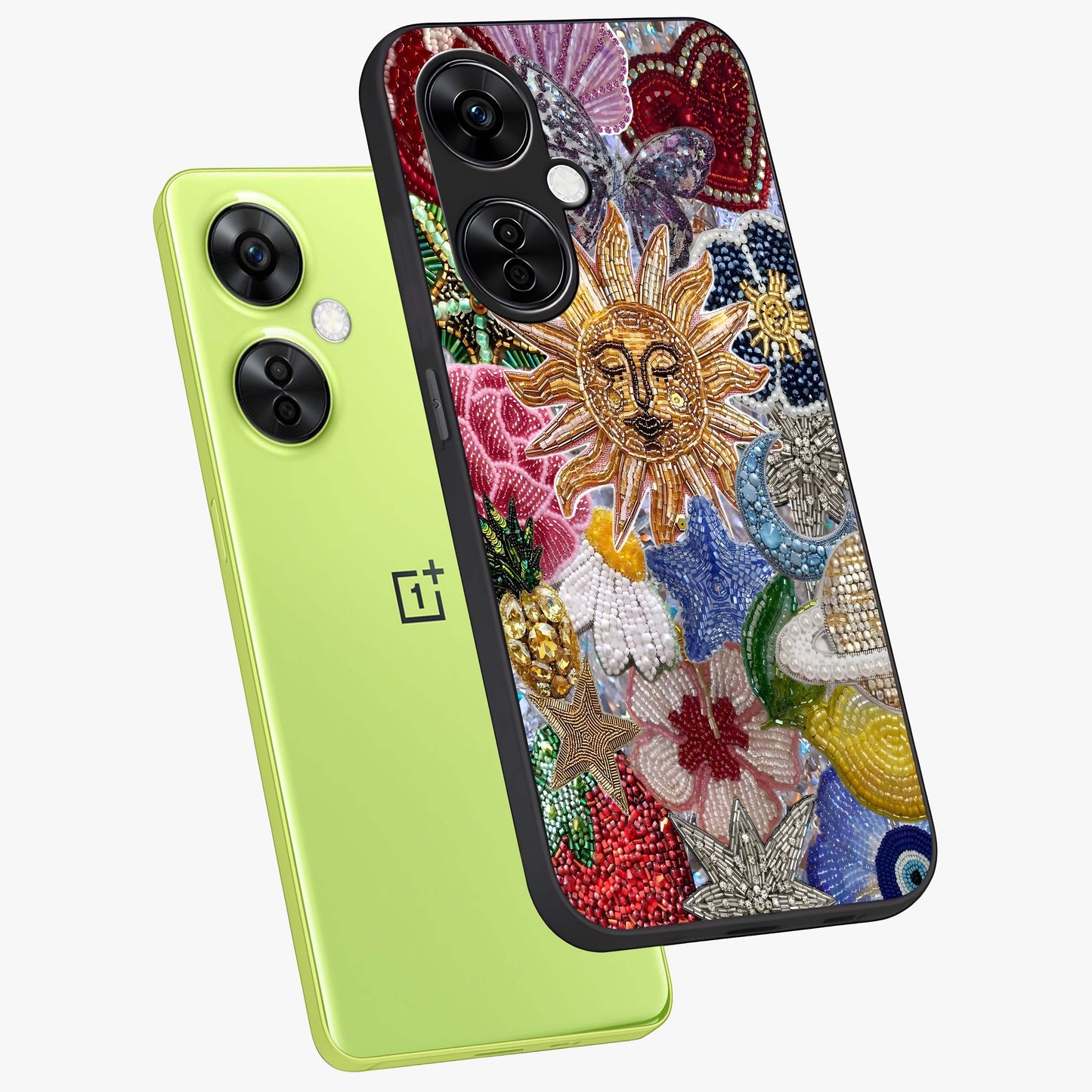 Celestial Floral and Playful Glass Case for 1+Nord CE 3 Lite angled mockup showcasing glossy finish and colorful celestial detailing